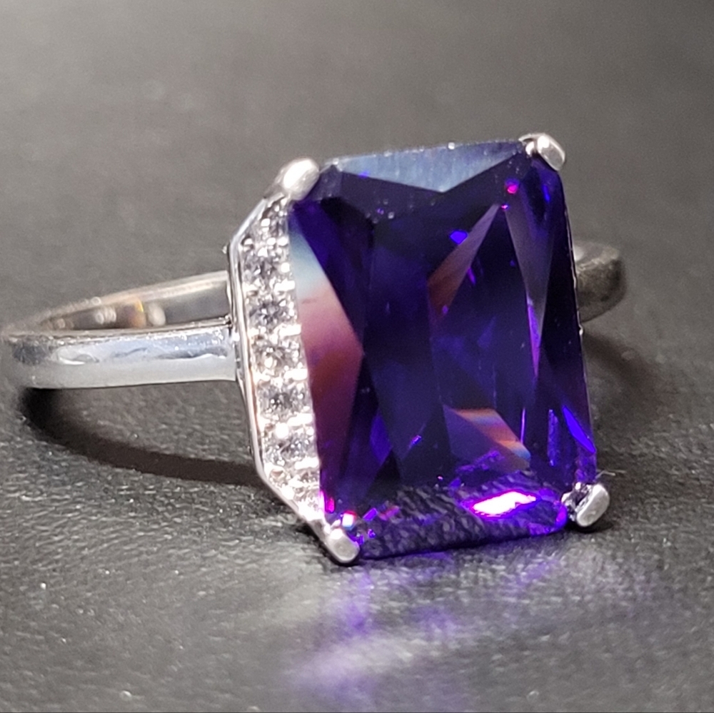 Elegant Silver Ring with Radiant Purple And Clear CZ